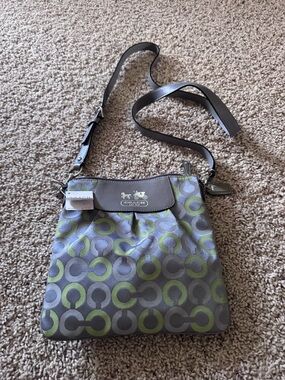 Coach Silver Gray & Neon Green Signature Circle Crossbody Pouch